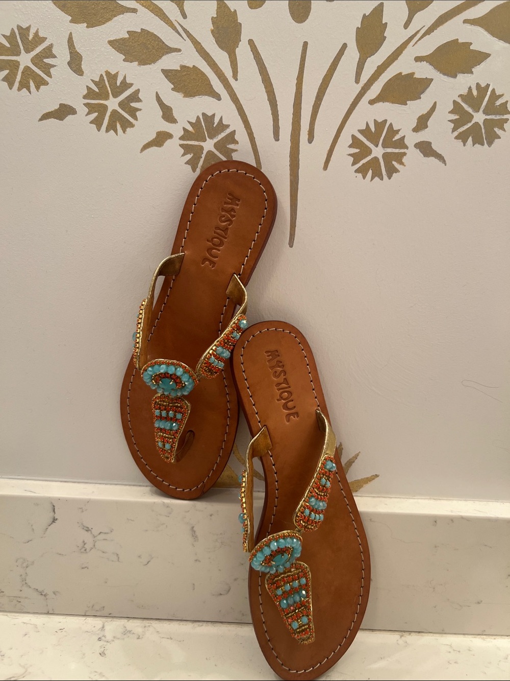 Mystique Boutique Intricately Beaded Tan All-Leather Sandals, size 8 flats